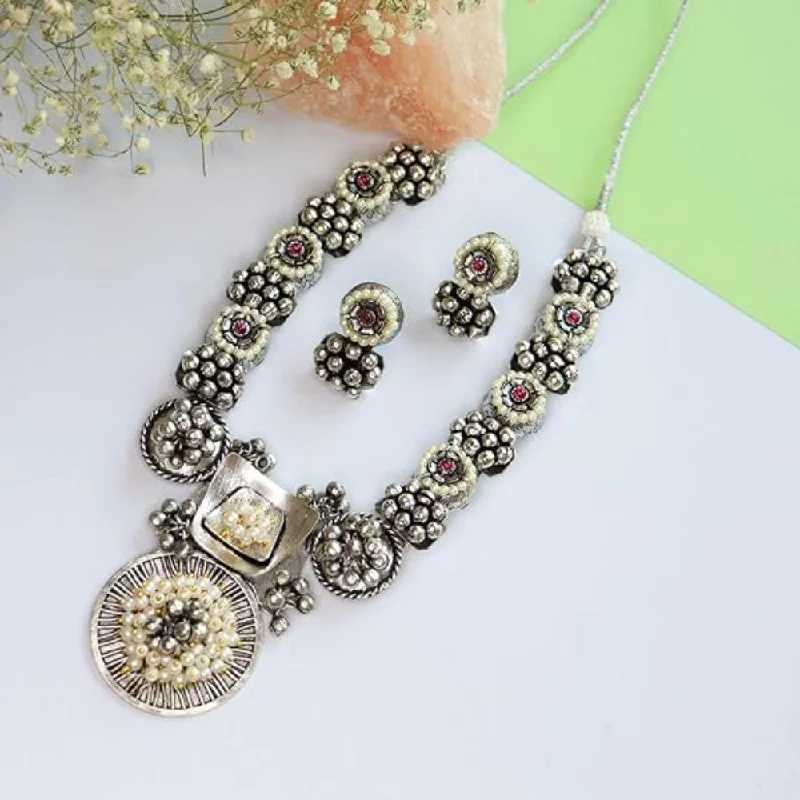 Unique Gemstone Necklace-Etnico Navratri Ethnic German Silver Oxidised Jewellery Antique Long Necklace Set with Earrings for Women & Girls(MC095OX)