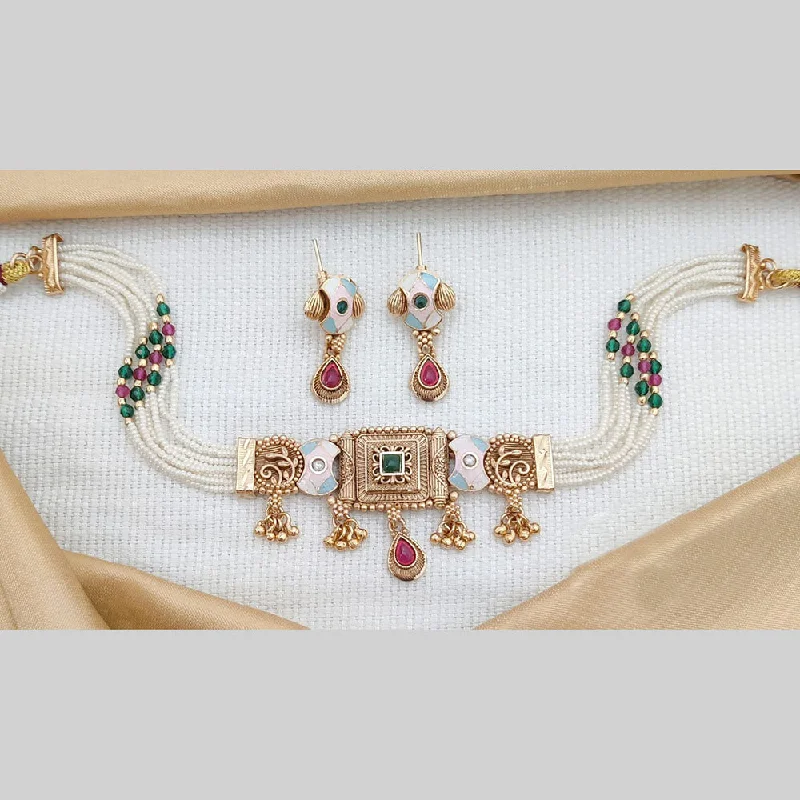 Luxury Pearl Necklace-Akruti Collection Gold Plated Kundan Stone And Meenakari Choker Necklace Set