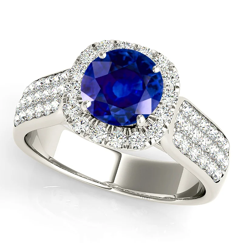 Gemstone Cocktail Ring-1.35 ct. Genuine Blue Round Sapphire Ring Cushion Halo Style