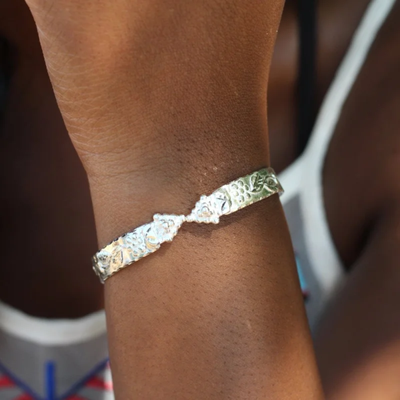 Wedding Cuff Bangles-Flat Wide Grape Head Bangle with Shiny Vine Pattern