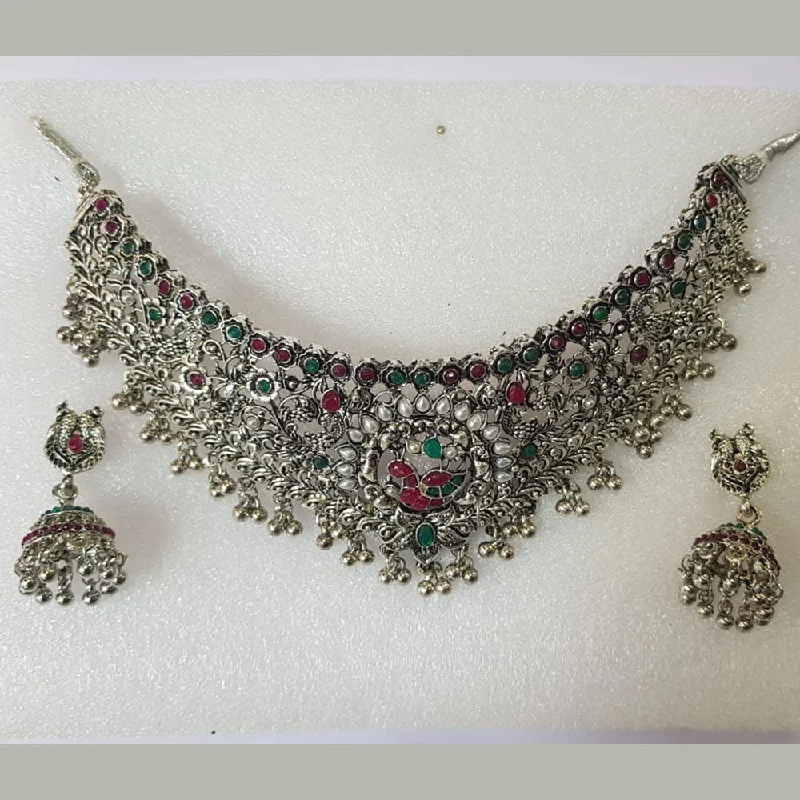 Silver and Pearl Necklace-Shreeji Oxidised Plated Pota Stone Necklace Set