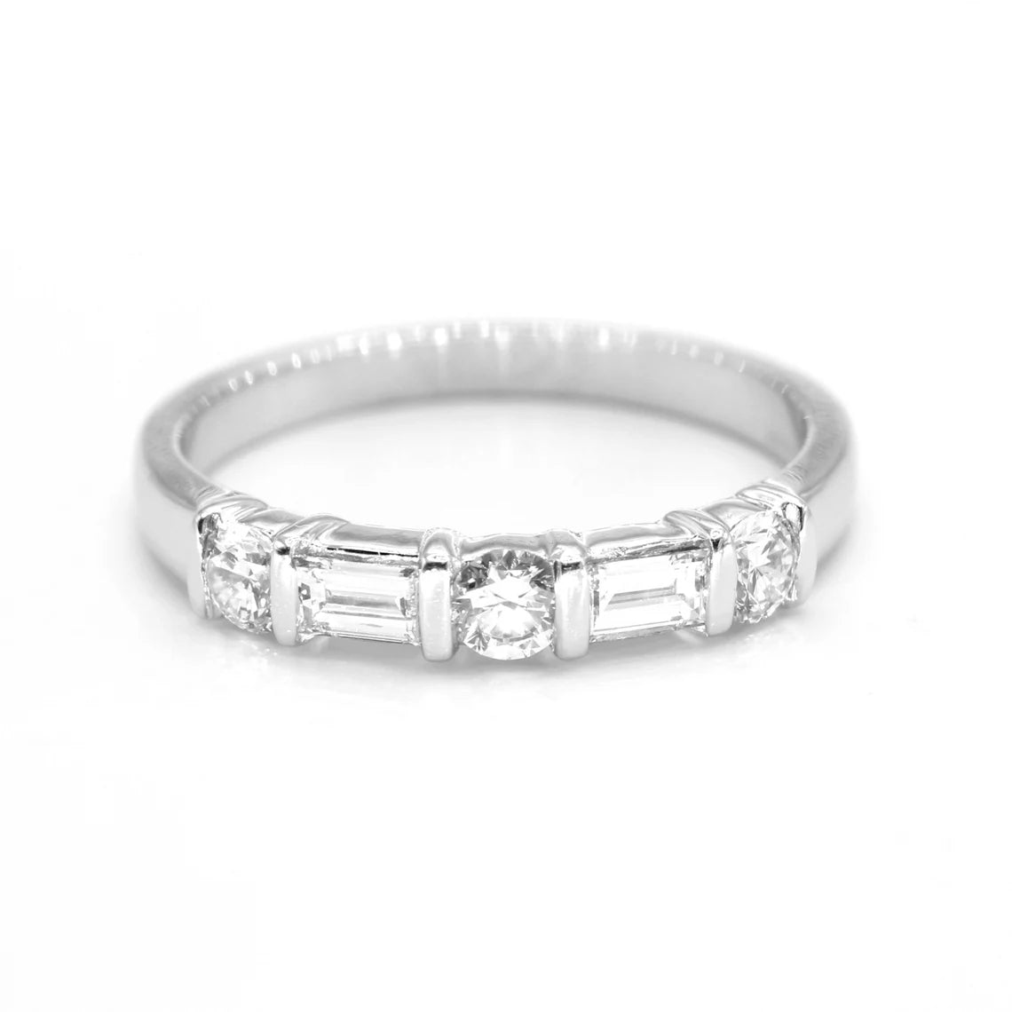 Silver Heart Ring-Round and Baguette Diamond Band, Bar Set Diamond Anniversary Ring