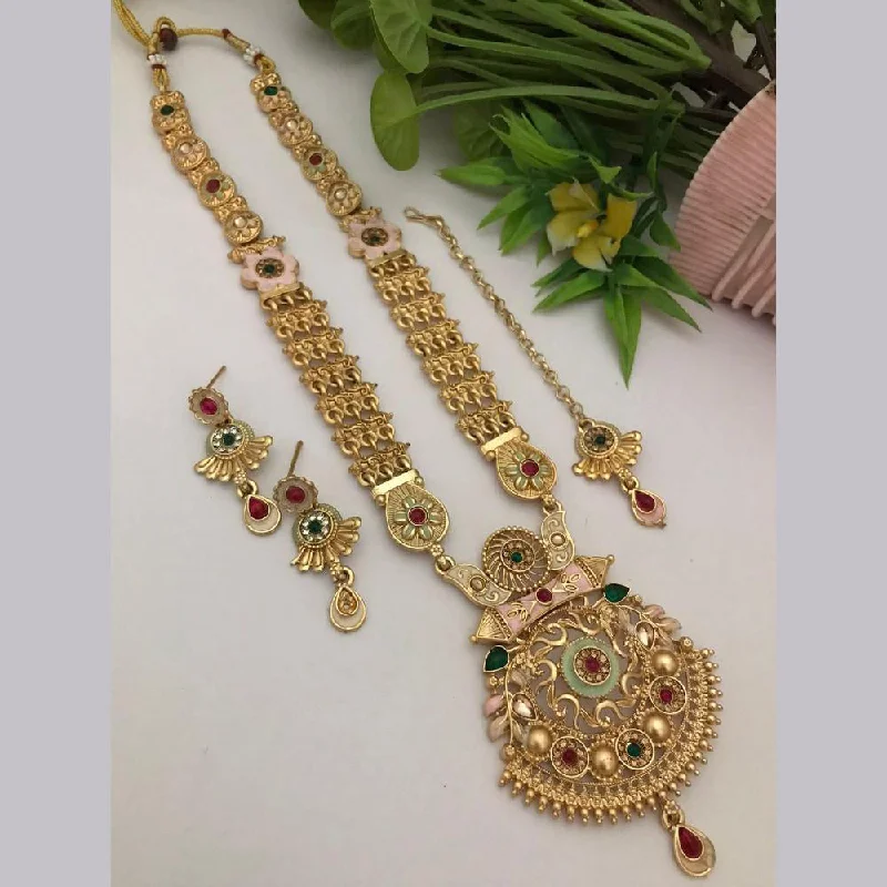 Gold Bar Necklace-FS Collection Gold Plated Kundan Stone Long Necklace Set