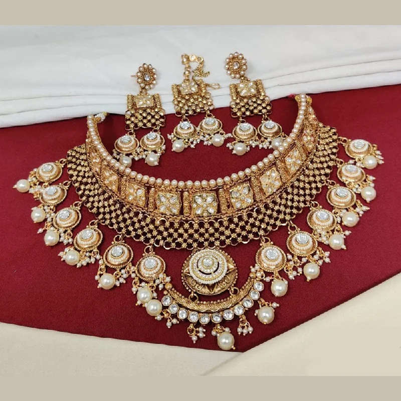 Double Layer Necklace-Manisha Jewellery Gold Plated Pota Stone And Pearls Choker Necklace Set