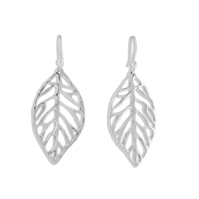 Chic Hoop Earrings-Sterling Silver Sculptured Leaf Drop Earrings