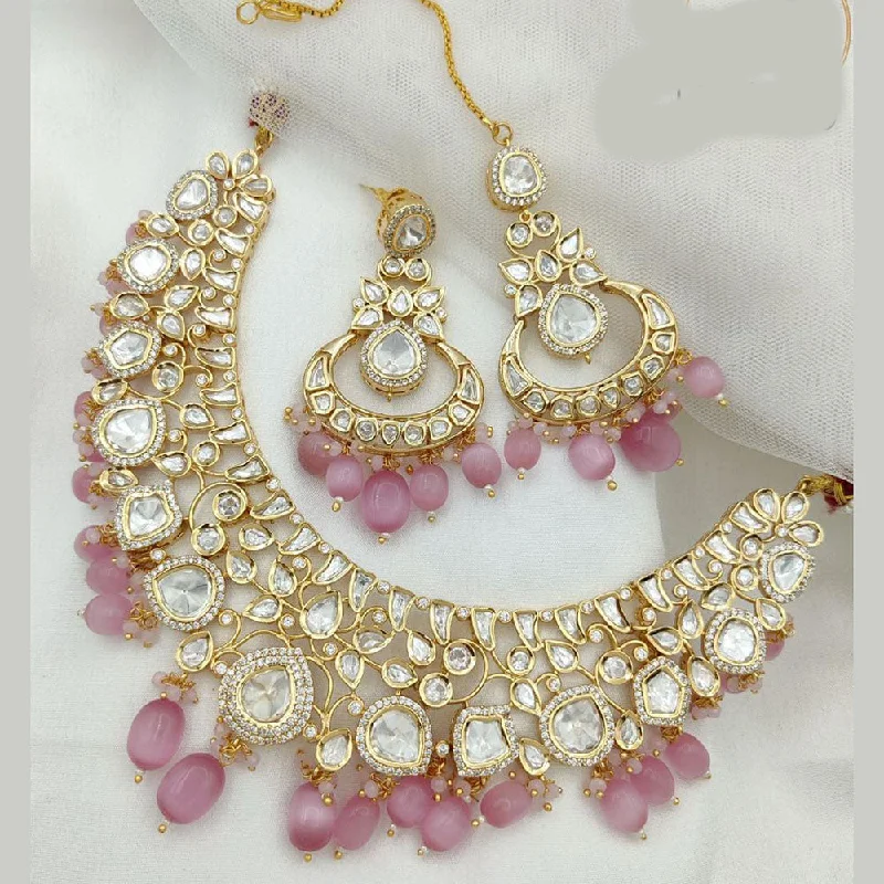 Elegant Gold Necklace-Jewel Addiction Copper Gold Plated Polki Kundan Stone Beads Necklace Set