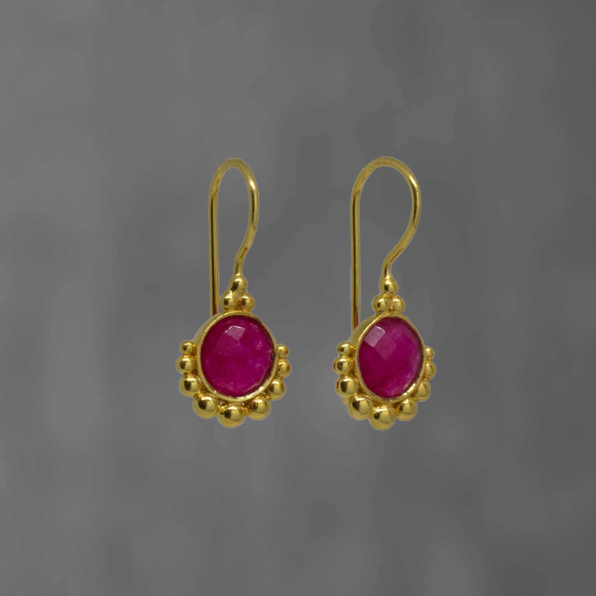 Artisan Silver Earrings-18ct Gold Vermeil Dot Pink Quartz Drop Earrings