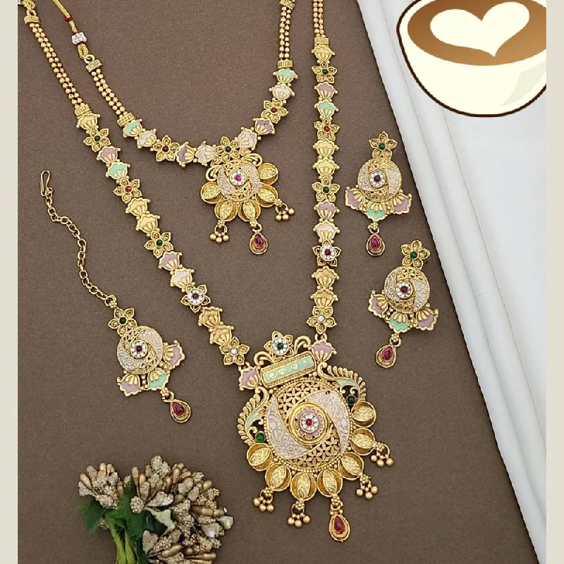 Unique Chain Necklace-FS Collection Gold Plated Pota Stone And Meenakari Double Necklace Set