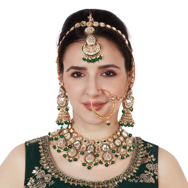 Handcrafted Pendant Necklace-Neetu Art Gold Plated Kundan Stone And Beads Semi Bridal Necklace Set