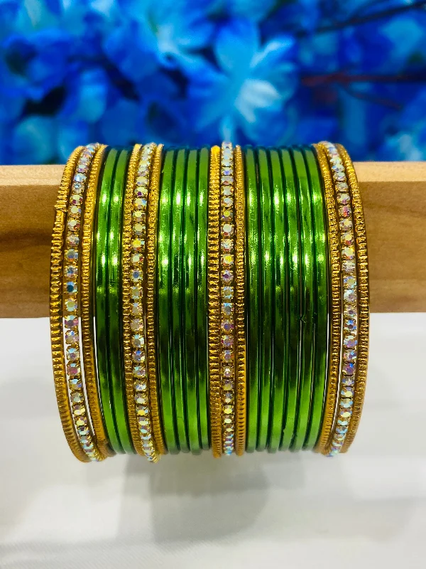 Customized Cuff Bangles-Shimmering Graceful Green Color Stone Studded Designer Metal Bangle Sets