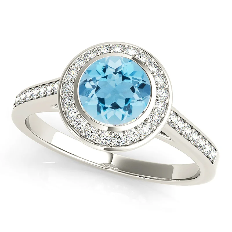 Boho Chic Ring-1.10 ct. Genuine Aquamarine Ring With Halo and Delicate Diamond Band