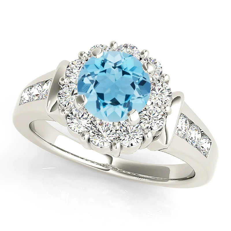 Classic Gold Ring-1.10 ct. Genuine Aquamarine Ring With Floral Halo , Wide Solid Gold and Diamond Band