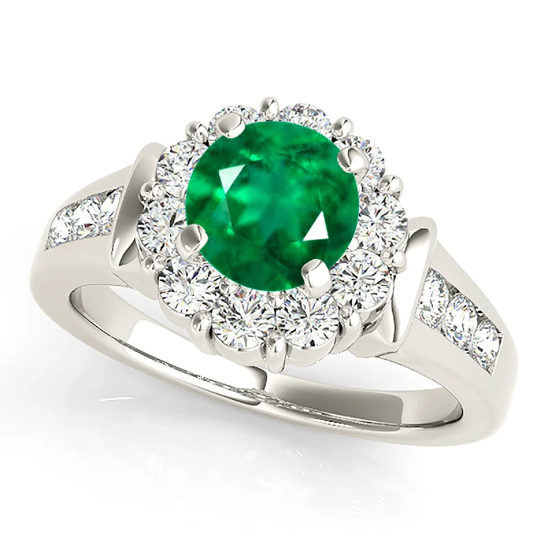 Gold Diamond Band-1.15 ct. Genuine Emerald Ring With Floral Halo, Solid Diamond Band