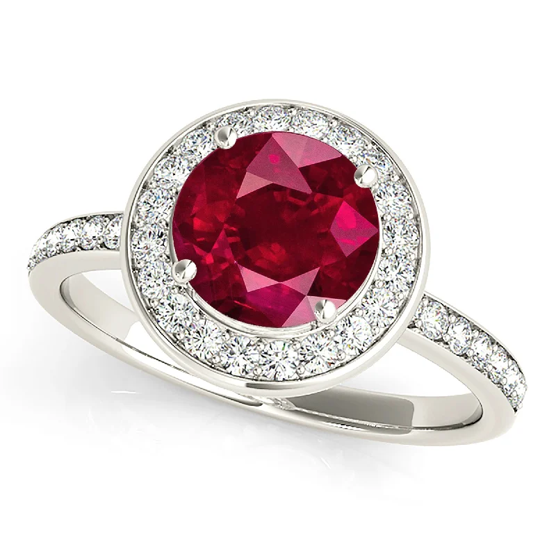 Gold Stacking Rings-1.45 ct. Genuine Ruby Ring With Halo And Thin Diamond Band