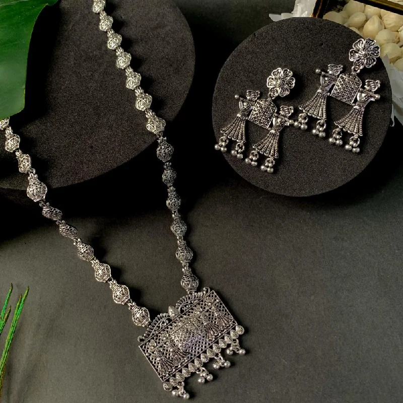 Layered Gold Necklace-Etnico Ethnic Silver Oxidised Long Necklace Jewellery With Drop Earrings Set For Women/Girls (MC170OX)