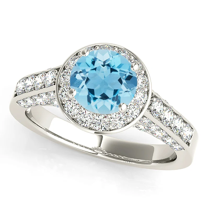 Men’s Silver Wedding Ring-1.10 ct. Genuine Aquamarine Ring With Halo And 3D diamond Band