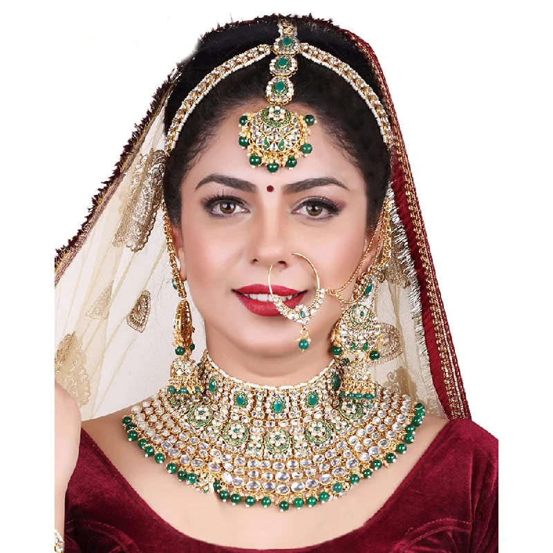 Elegant Diamond Necklace-Neetu Art Gold Plated Kundan Stone And Beads Semi Bridal Necklace Set