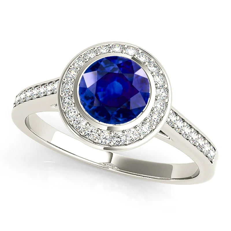 Diamond Ring for Anniversary-1.35 ct. Genuine Blue Sapphire Ring With Halo Style