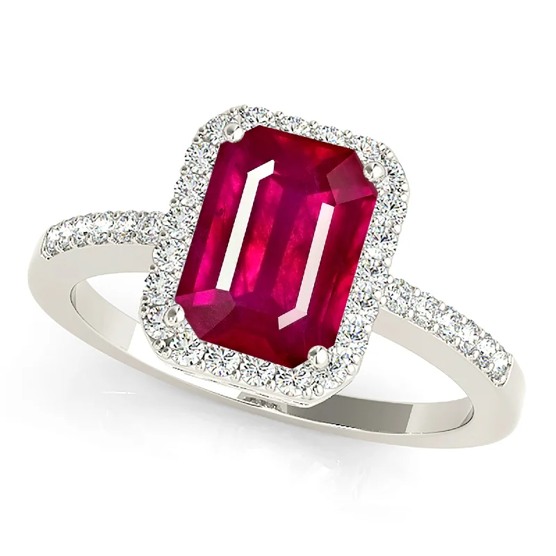 Vintage Engagement Ring-2.30 ct. Genuine Emerald Cut Ruby Ring With Halo And Delicate Diamond Band