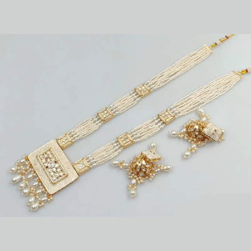 Bohemian Layered Necklace-JCM Gold Plated Kundan Stone Pearls And Beads Meenakari Long Necklace Set