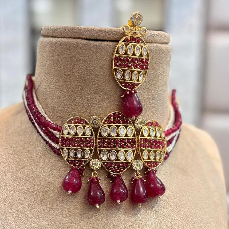 Double Layer Necklace-Jewel Addiction Gold Plated Kundan Stone And Pearls Choker Necklace Set