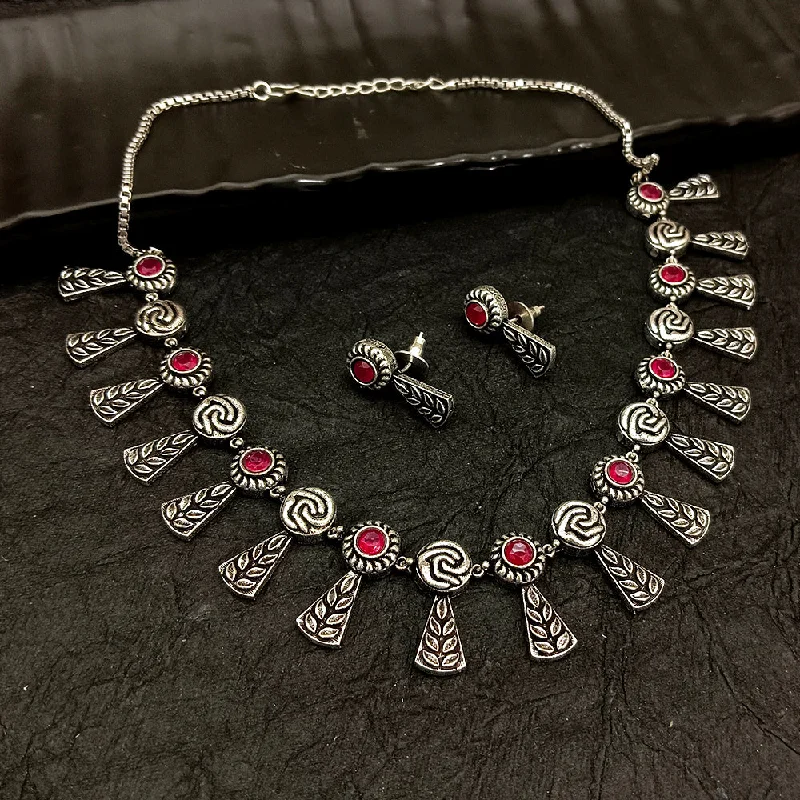 Crystal Pendant Necklace-Deep Jewell Oxidised Plated Necklace Set