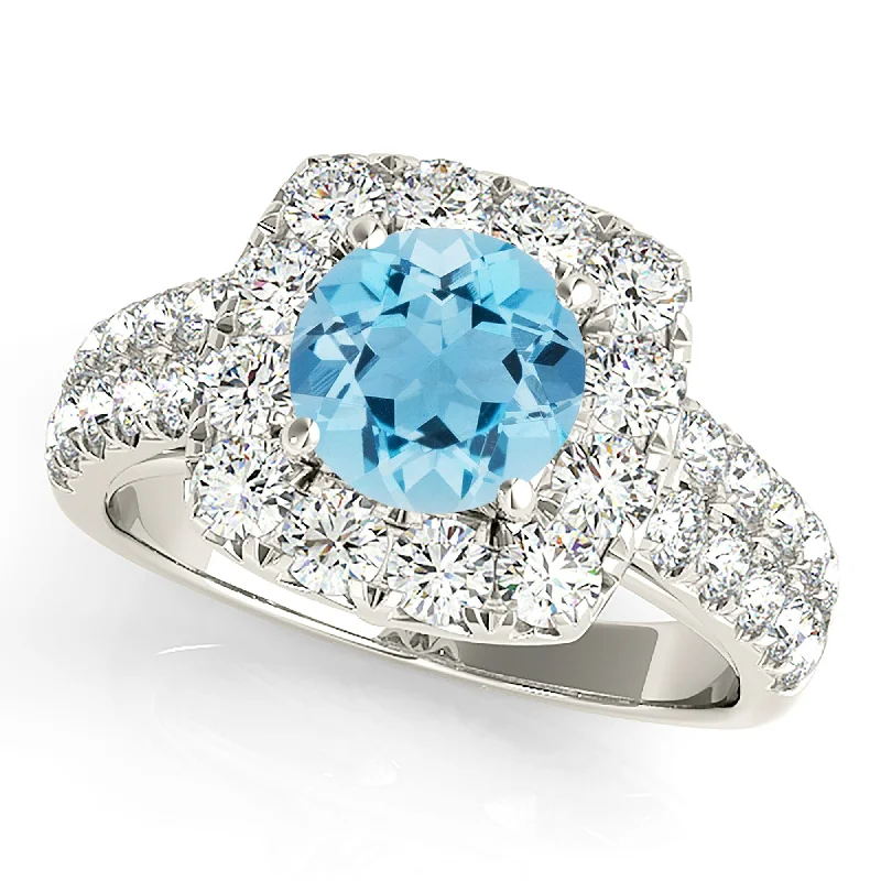 Blue Sapphire Ring-2.00 ct. Genuine Aquamarine Ring With Cushion Halo