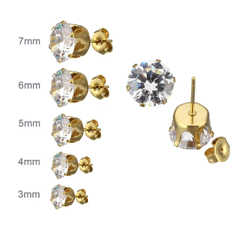 Round Gold Earrings-Sexy Sparkles Jewelry Stainless Steel Womens Stud Earrings Cubic Zirconia Inlaid,3mm-7mm 5 Pairs