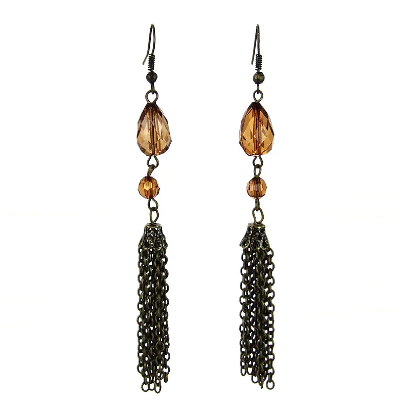 Oval Shaped Earrings-Beaded Tassel Drop Earrings-Brown