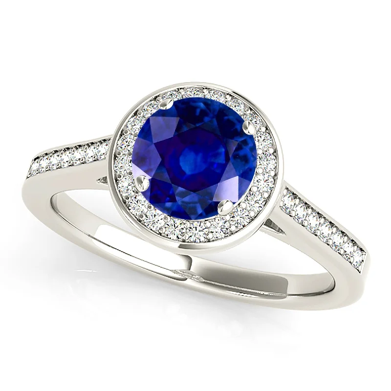 Designer Gold Ring-1.35 ct. Genuine Blue Sapphire Classic Halo Ring