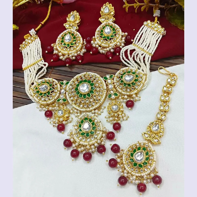 Fashionable Gold Necklace-Sai Fashion Gold Plated Kundan Stone Beads And Pearls Meenakari Necklace Set