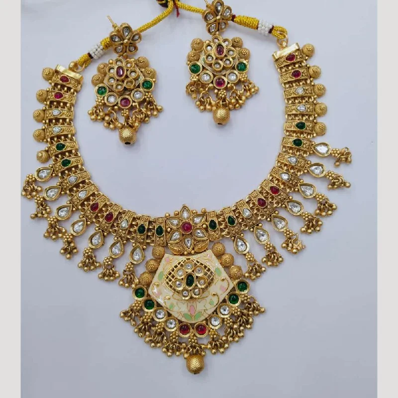 Large Statement Necklace-Manisha Jewellery Gold Plated Pota Stone And Beads Meenakari Necklace Set