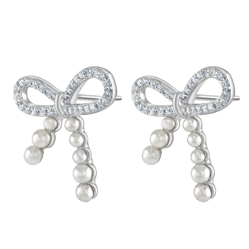 Oval Shaped Earrings-Sterling Silver Freshwater Pearl Bow Earrings