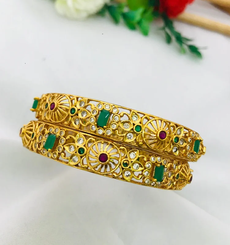 Simple Wedding Bangle Set-Gold Plated Bangles Set With Emerald And Ruby Natural Stones