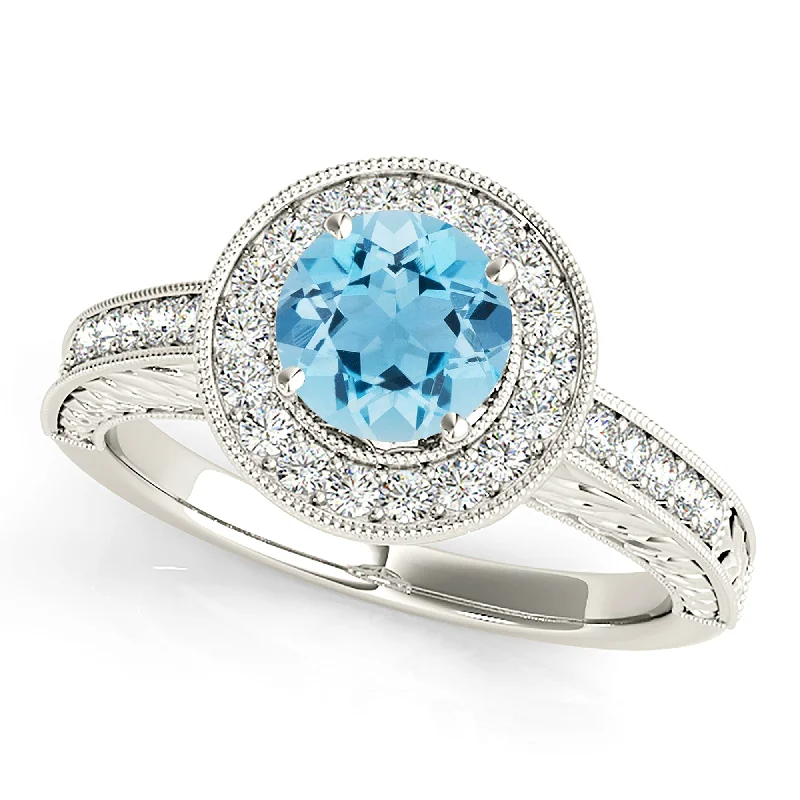 Men's Statement Ring-1.65 ct. Genuine Aquamarine Ring With Milgrain Halo, Filigree Diamond Shank