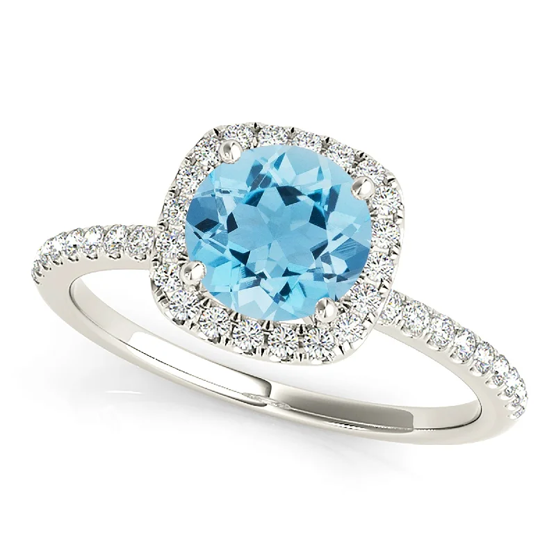 Custom Birthstone Ring-1.10 ct. Genuine Round Aquamarine Ring With Cushion Halo