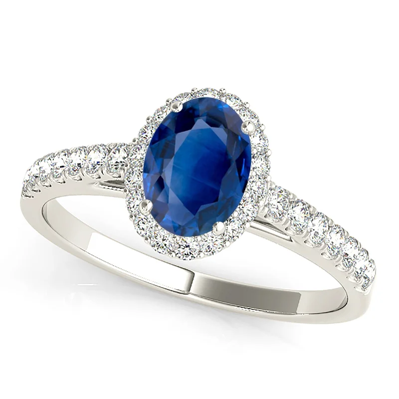 Boho Wedding Ring-1.50 ct. Genuine Blue Oval Sapphire Ring wtih Halo Style