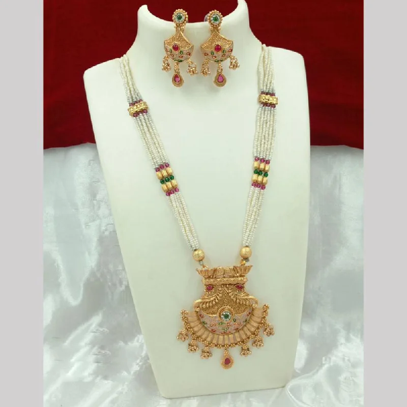 Elegant Crystal Necklace-FS Collection Gold Plated Pearl Long Necklace Set