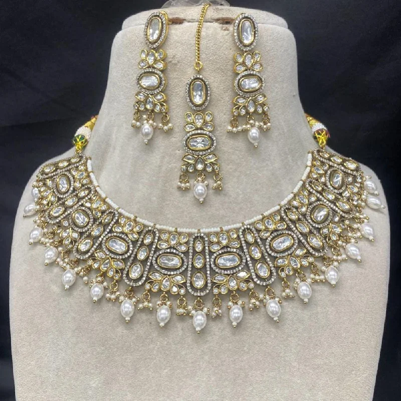 Geometric Pendant Necklace-Amoliya Jewels Gold Plated Polki Kundan Stone And Pearls Choker Necklace Set