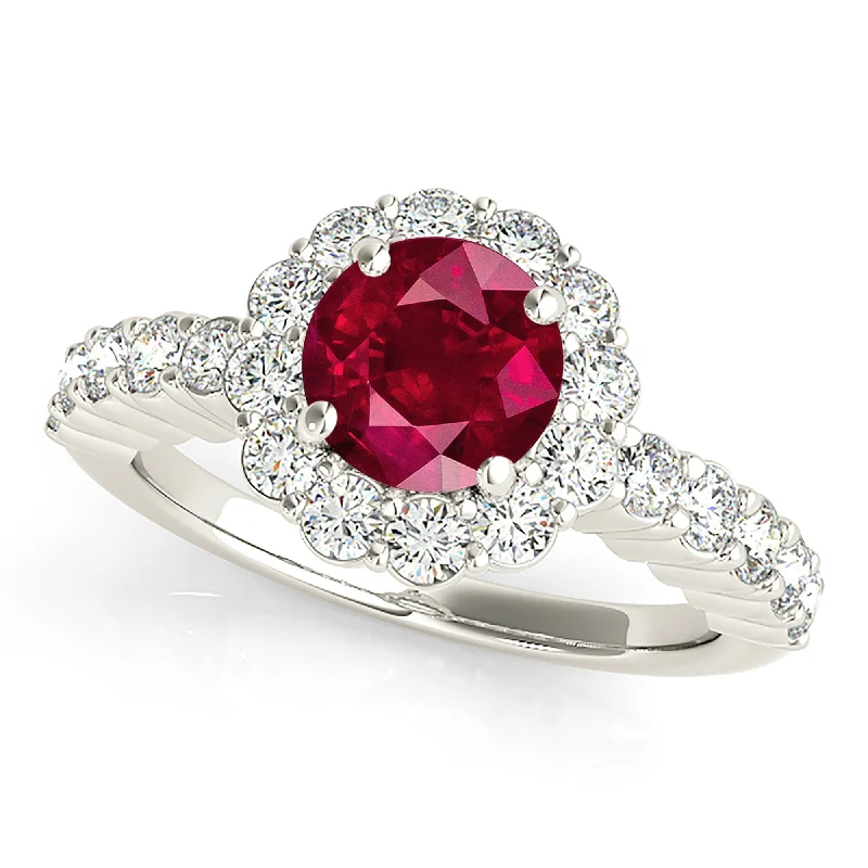 Handmade Engagement Ring-1.35 ct. Genuine Ruby Ring With Floral Halo And Scalloped Diamond band