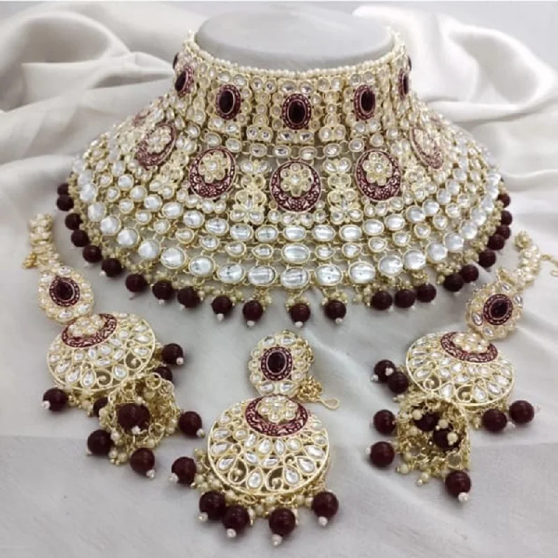 Silver Pendant Necklace-Neetu Art Gold Plated Kundan Stone And Beads Semi Bridal Necklace Set