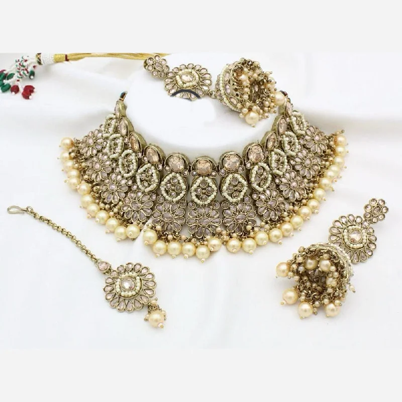 Gold Choker Necklace for Women-Manisha Jewellery Gold Plated Crystal Stone And Beads Choker Necklace Set