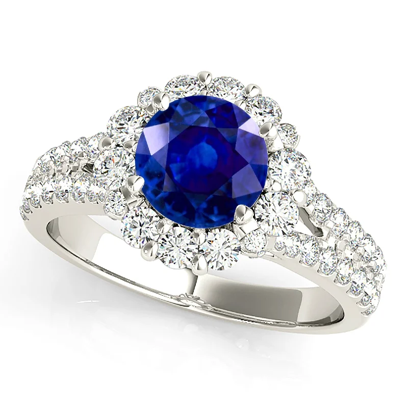 Elegant Gold Signet Ring-1.80 ct. Genuine Blue Sapphire Split Shank Halo Ring