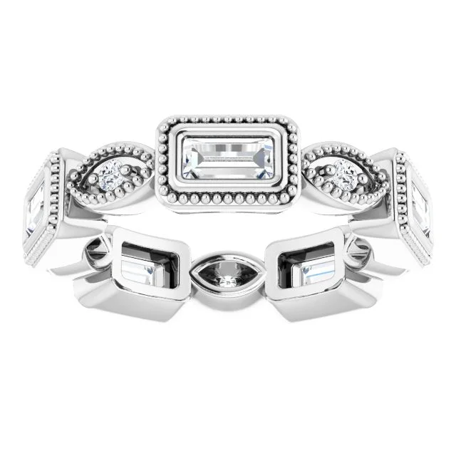 Fashionable Wedding Ring-0.77 ct. Straight Baguette & Round Diamond Eternity Band Milgrain Accent Ring