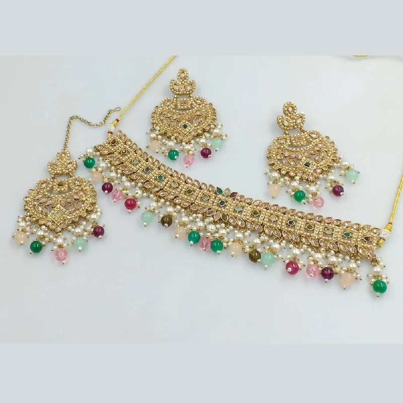 Bold Crystal Necklace-Rajwadi Collection Gold Plated Crystal Stone And Beads Choker  Necklace Set