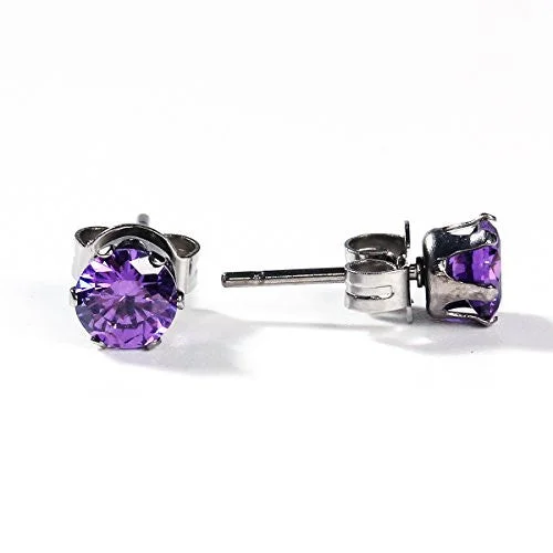 Light Blue Gem Earrings-Sexy Sparkles Women's 6mm Stainless Steel Round Purple Cubic Zirconia Stud Earring Silver Plated