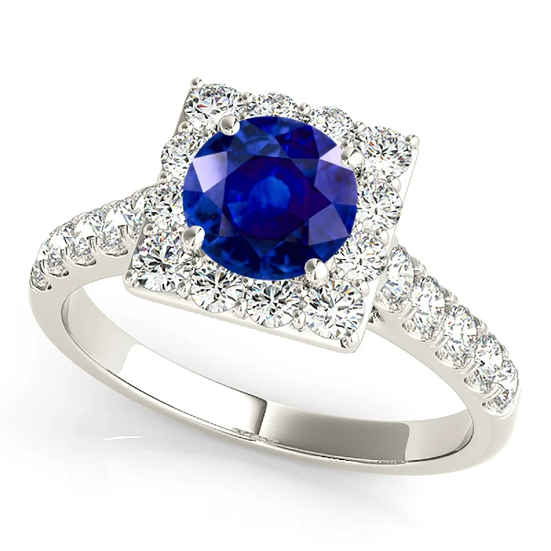 Artistic Design Ring-1.35 ct. Genuine Round Blue Sapphire Square Halo Ring