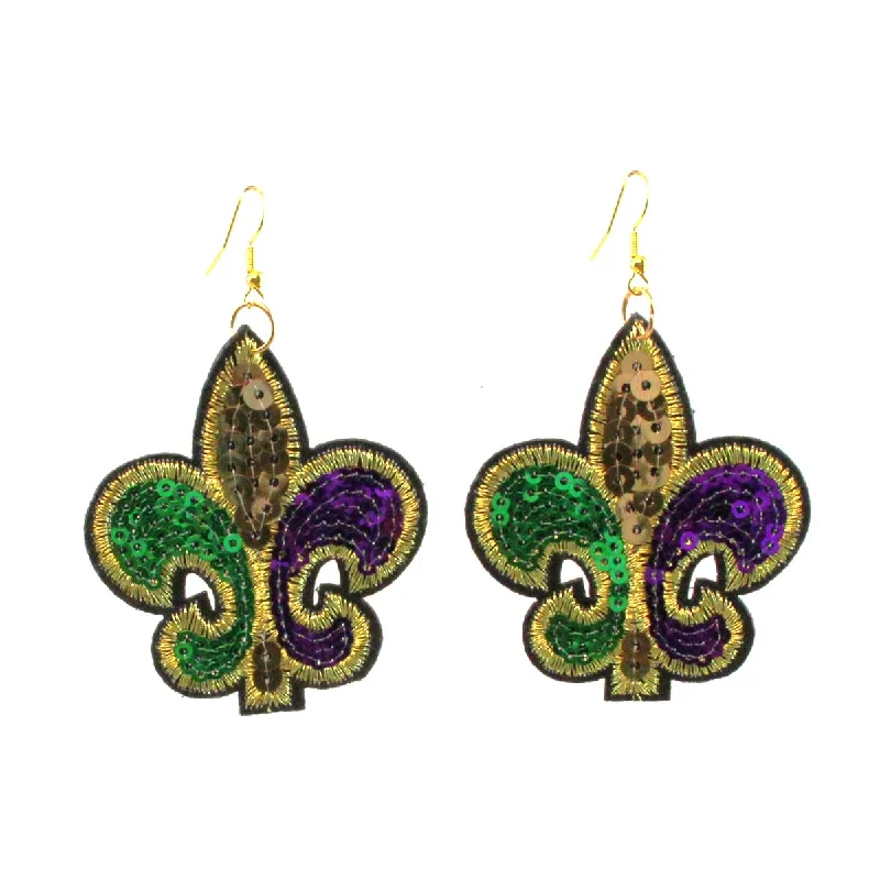 Earrings with Natural Stones-Fleur de Lis Sequin Earrings, Mardi Gras