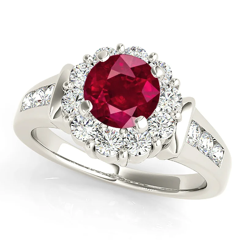 Luxury Diamond Band-1.35 ct. Genuine Ruby Ring With Halo And Diamond Band