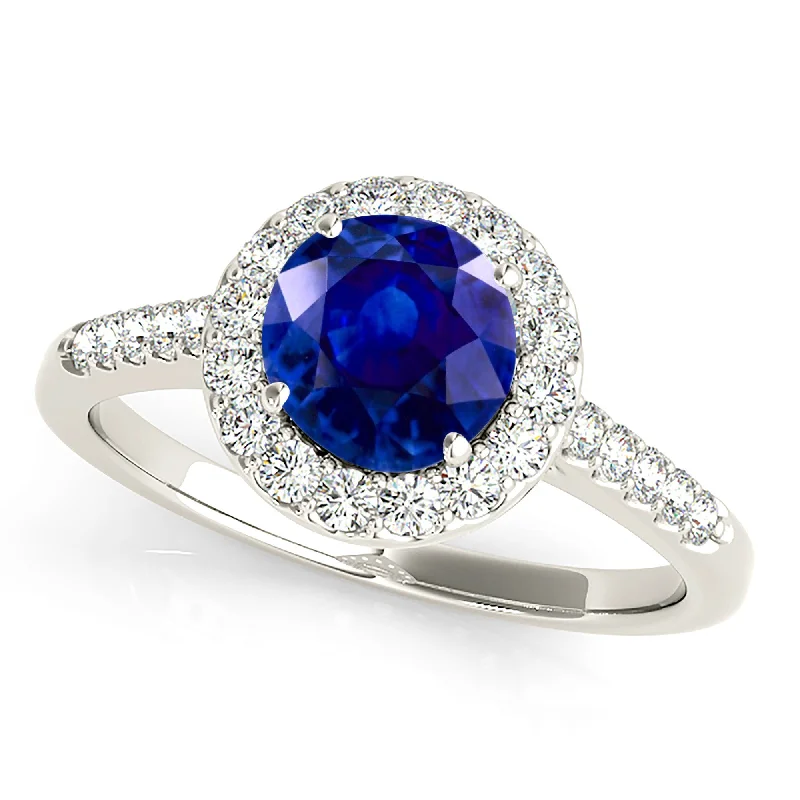 Fine Diamond Ring-1.35 ct. Genuine Blue Sapphire Halo Ring With Side Diamonds